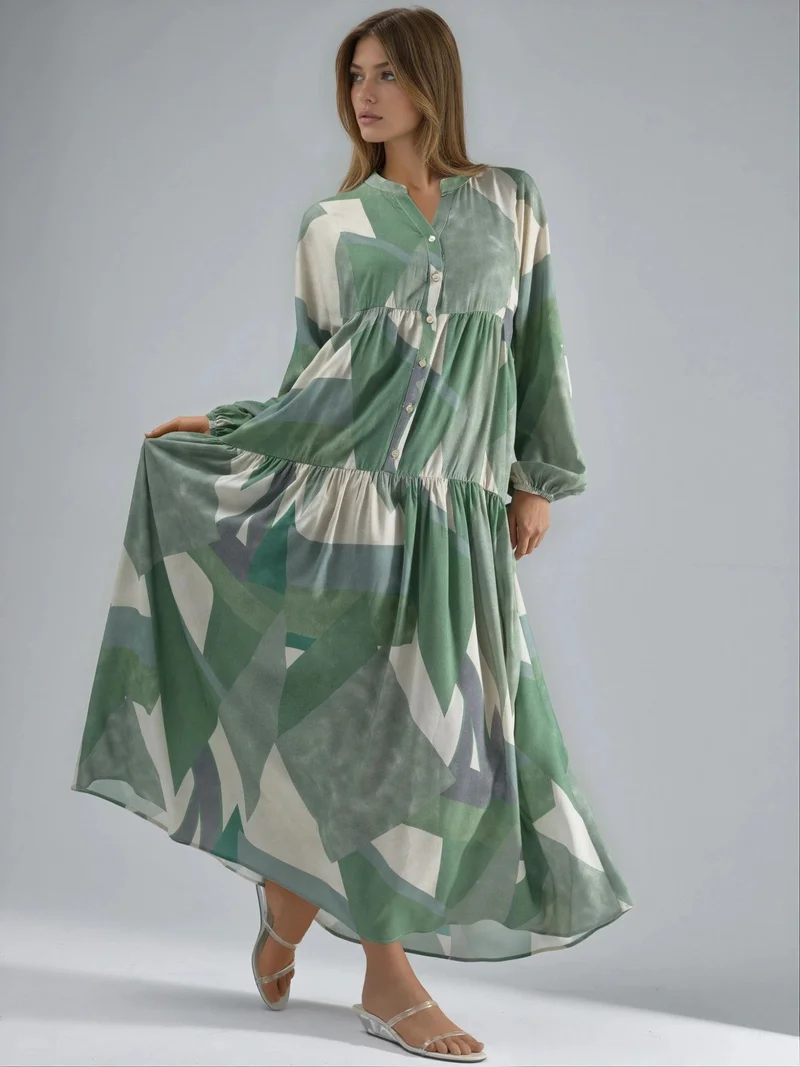 هيكاب فستان ماكسي طويل الأكمام من الفيسكوز مطبوع